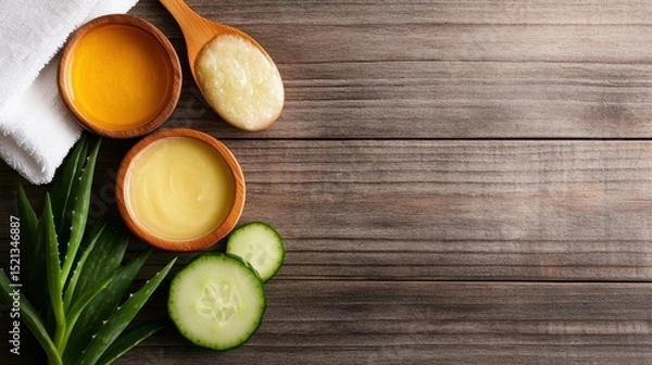 Fototapeta This tranquil image showcases natural skin care products artfully arranged with fresh cucumber and aloe vera, emphasizing wellness, beauty, and self-care rituals.