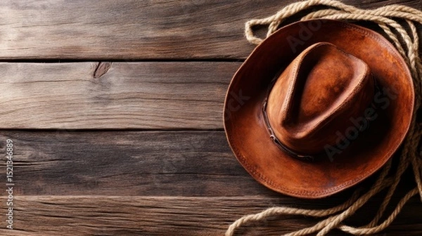 Fototapeta A classic cowboy hat rests on a rustic wooden surface alongside a coiled rope, evoking imagery of the American West and the adventurous spirit of cowboy culture.