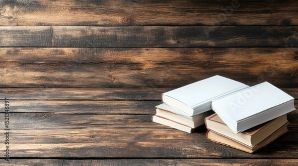 Fototapeta A stack of blank books placed on a rustic wooden table invites creativity and imagination, perfect for inspiring writing, note-taking, or artistic expression.