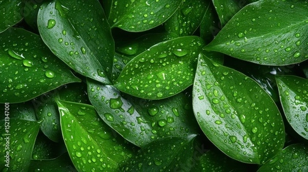 Fototapeta A lush arrangement of vibrant green leaves glistening with dew, showcasing nature's beauty and freshness, perfect for adding a splash of vitality and life to visuals.
