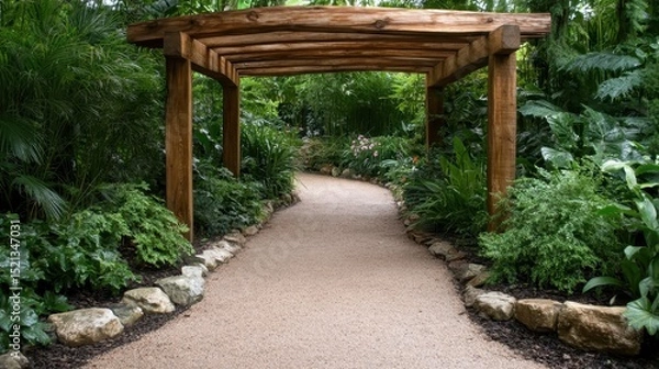 Fototapeta A serene pathway meanders through a lush garden, framed by rich greenery and colorful flowers, inviting exploration and relaxation in a peaceful, natural environment.