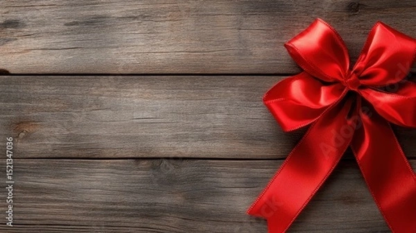 Fototapeta A beautiful rich red satin bow lies gracefully on a rustic wooden surface, evoking a sense of warmth and festivity perfect for special occasions and celebrations.