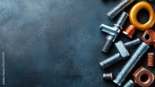Fototapeta An assortment of various metal bolts and nuts arranged on a textured surface, showcasing industrial elements that symbolize strength, engineering, and construction.