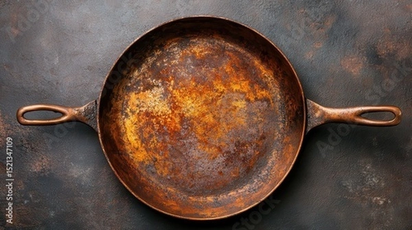 Fototapeta An antique skillet showcasing rich textures and intricate rust details evokes nostalgia, reflecting culinary history and the beauty of imperfect, aged items.
