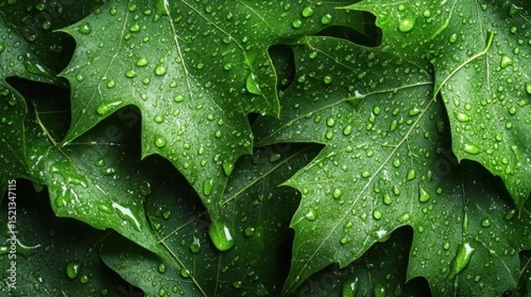 Fototapeta An enchanting close-up of vibrant green leaves glistening with rain droplets, evoking a sense of freshness and natural beauty in a lush, thriving environment.
