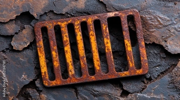 Fototapeta An aged, rusty grate lies on a textured, weathered metallic surface, evoking themes of decay and nostalgia in an industrial setting with rich textures.