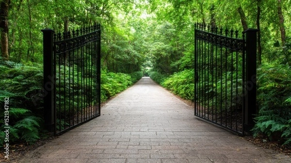 Fototapeta Beautiful iron gates stand open, inviting visitors to a serene pathway surrounded by lush greenery, symbolizing adventure and tranquility within nature's embrace.
