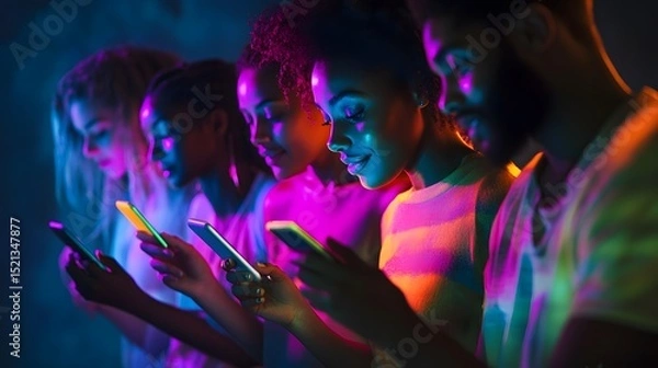Fototapeta A diverse group engaged in a gamified survey on smartphones, showcasing lively interactions and genuine expressions under vibrant lighting.
