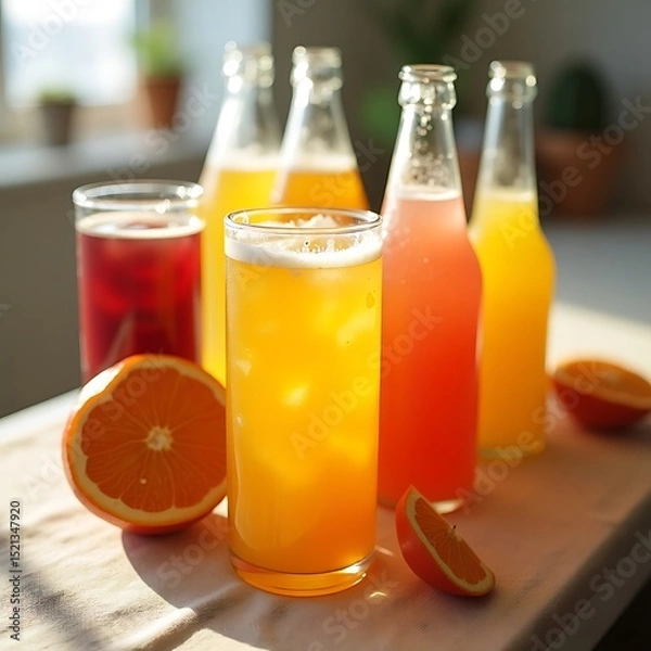 Fototapeta Refreshing Drinks with Fruit and Ice on Bright Surface