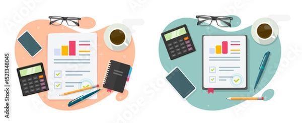 Fototapeta Audit work desk table top view icon vector, accounting analysis research workplace graphic modern illustration, irs tax paperwork analytics, study workspace above image clip art flat cartoon
