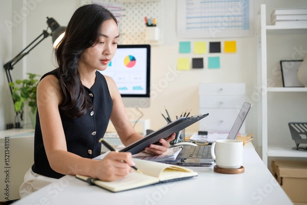 Obraz Young businesswoman in a jotting down important tasks while working in a bright office space.