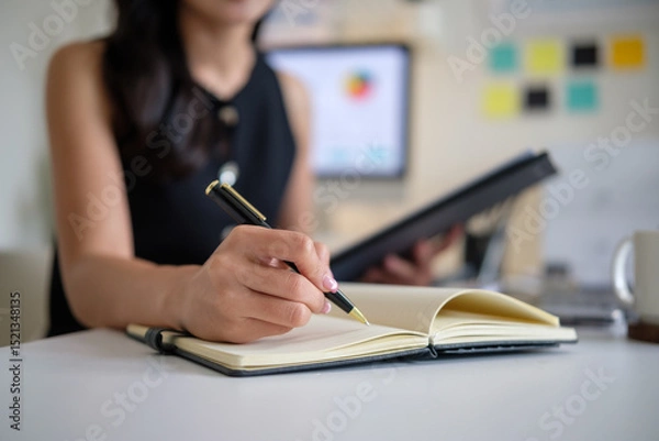 Obraz Young businesswoman in a jotting down important tasks while working in a bright office space.
