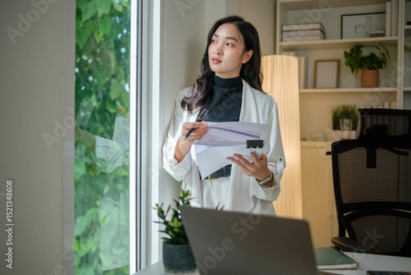 Obraz Thoughtful female executive preparing for a meeting while looking outside from an office space