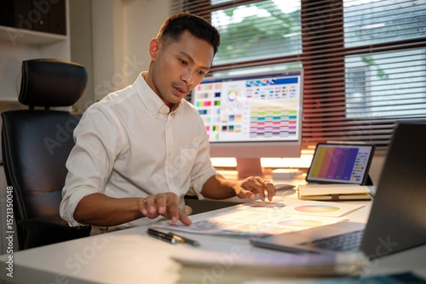 Obraz Creative male graphic designer reviewing design elements while working on a digital color scheme project.