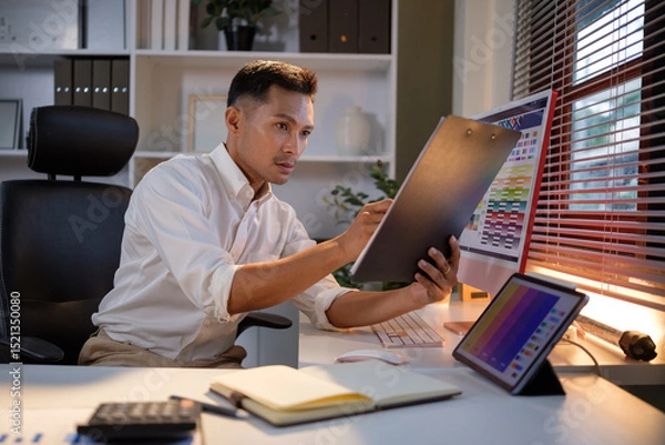 Obraz Creative male graphic designer reviewing design elements while working on a digital color scheme project.