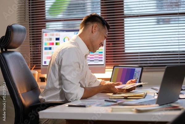 Obraz Graphic designer concentrating on visual design tasks, surrounded by digital tools, and warm ambient lighting.