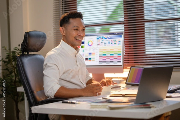 Obraz Smiling graphic designer reviewing printed color samples and making creative notes  in modern office.
