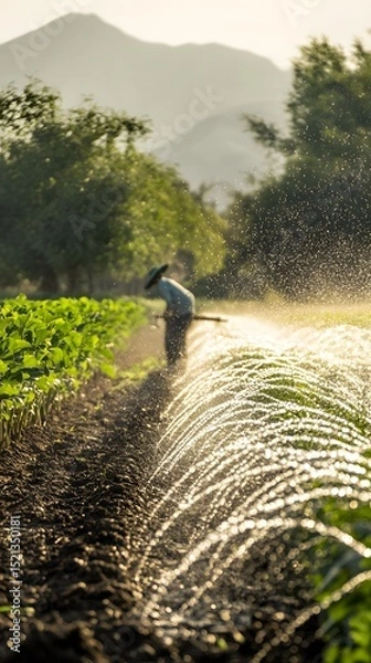 Fototapeta A farmer utilizes traditional irrigation methods, showcasing sustainable water use for healthier crops and practices in agriculture.