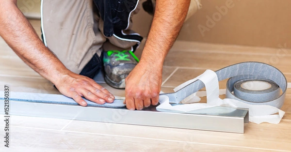 Fototapeta Construction worker applying sealing tape to metal profile for drywall