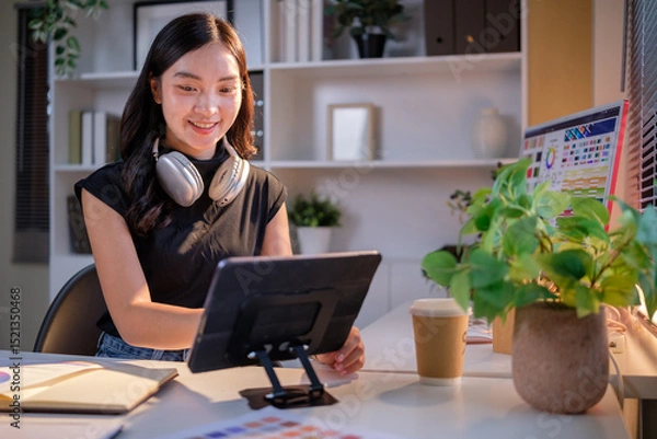 Obraz Woman in casual outfit holding a stylus and digital tablet, seated in a modern studio filled with swatches and monitors.