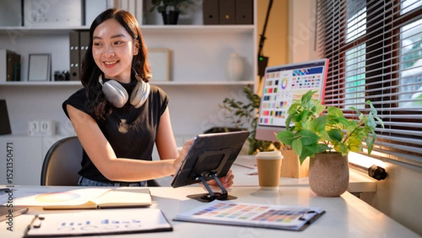 Obraz Happy female graphic designer reviewing color swatches while working on a creative project.