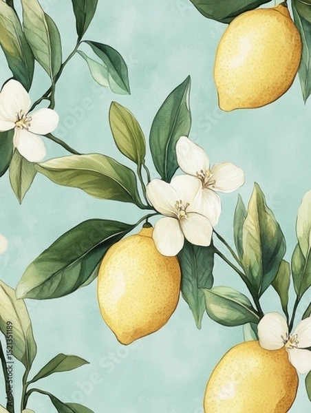 Fototapeta Watercolor pattern on light green background with lemon tree branches and flowers