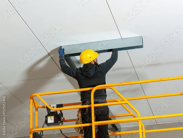 Fototapeta Worker installing metal profile for large plasterboard ceiling