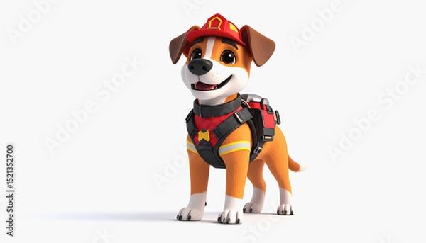 Fototapeta Cute 3d illustration of a rescue dog wearing a fireman’s hat on a bright white background for text placement
