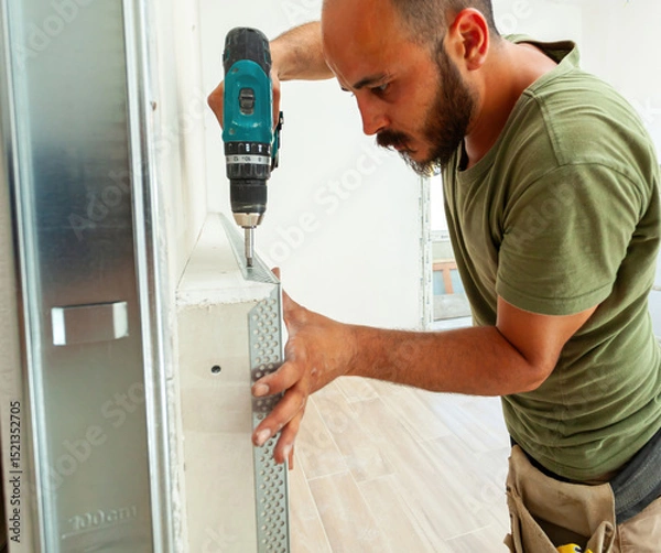 Fototapeta Construction worker installing metal corner bead on drywall with cordless screwdriver
