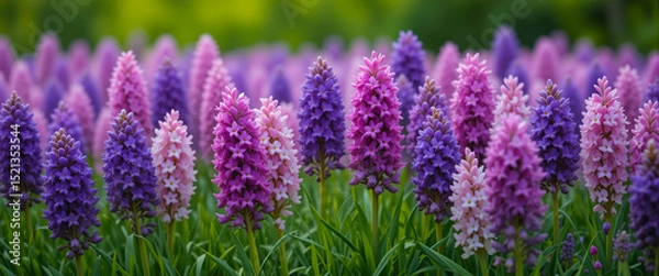 Fototapeta Spring garden flowers. Vibrant field of spring hyacinths flowers in full bloom, banner with soft background