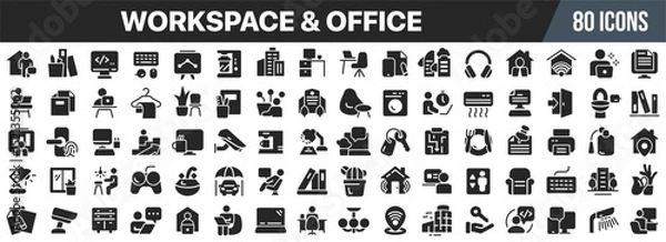 Obraz Workspace and office black icons collection. Big UI icon set in a flat design. Vector illustration EPS10