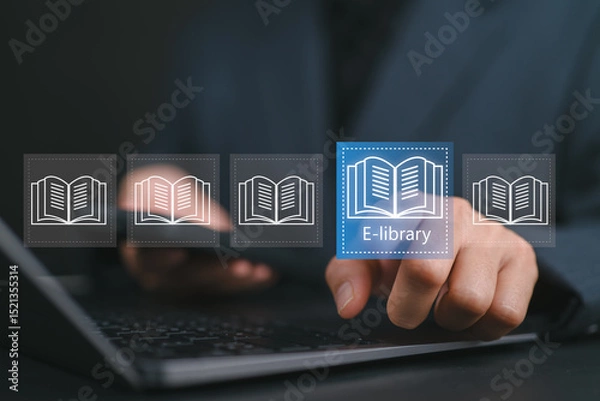 Fototapeta E-library concept. Woman use smartphone and hand touch with virtual Ebook icons for electronic books online, knowledge base on internet, digital library or e-library.