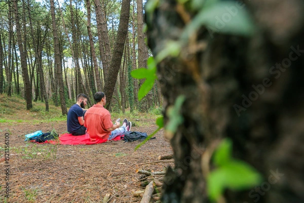 Obraz Two men in the forest resting and enjoying nature. Lying on a red blanket, reading, eating, and chatting