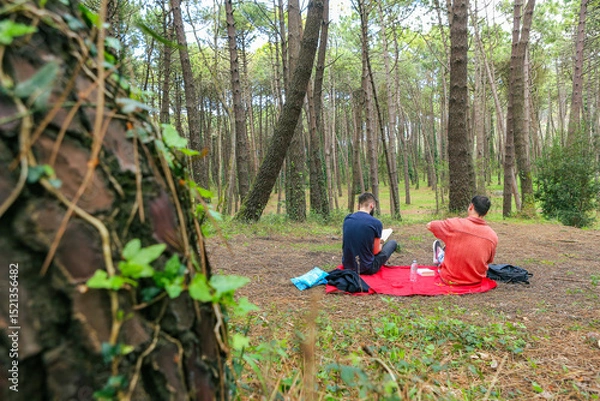 Obraz Two men in the forest resting and enjoying nature. Lying on a red blanket, reading, eating, and chatting