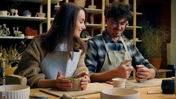Fototapeta Happy woman man in pottery workshop creating handmade clay modeling class teacher student craft hobby sculpture couple date family potter artisan handcrafting ceramics have fun laughing in art studio