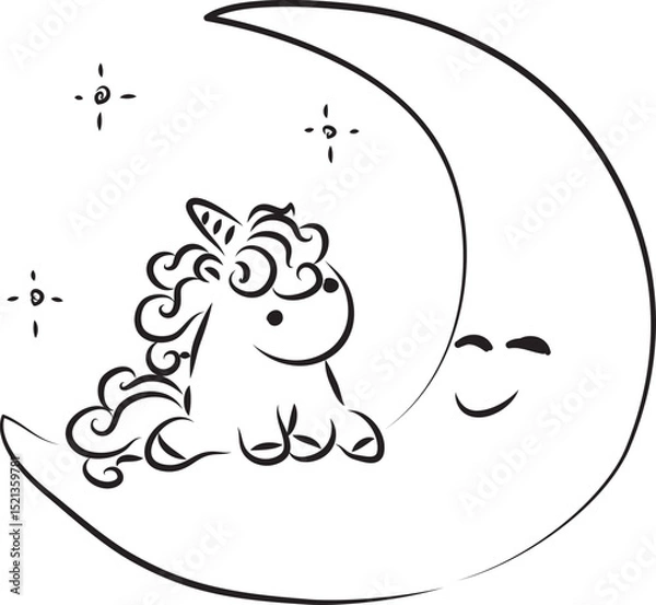 Fototapeta cute little unicorn with wavy curly mane funny looks at smiling big moon and sits on it, curved lines drawn by hand with a black brush
