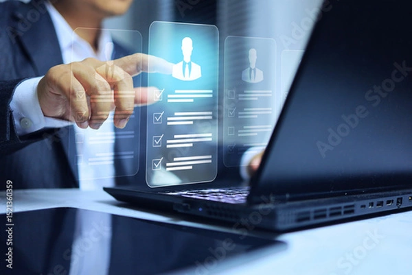 Fototapeta recruitment concept with human resource manager searching resumes of job applicants on computer and selecting candidates who meet the company's requirements