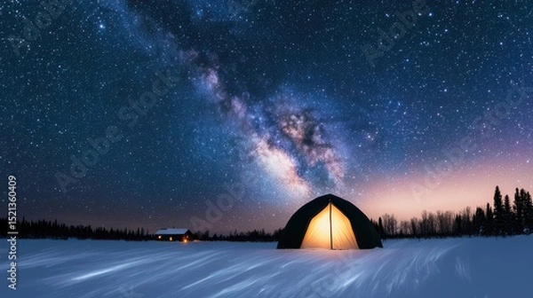 Fototapeta Serene tent illuminated under starlit sky, surrounded by snowy field and trees
