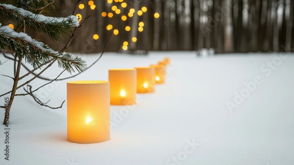 Fototapeta Soft glowing lanterns illuminate snowy forest trail, creating serene winter atmosphere