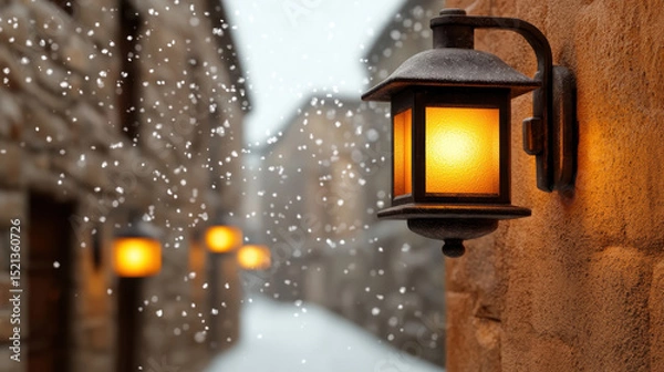 Fototapeta Warm lantern illuminates snowy street, creating cozy winter atmosphere