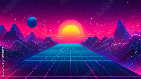 Fototapeta Abstract image of a round celestial body on the horizon. Illustration in blue, red and light blue tones for use in graphics, design and screensavers.