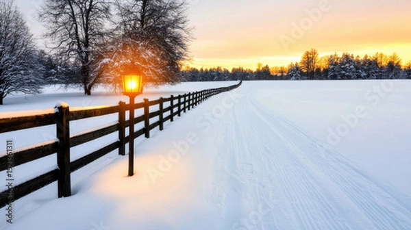 Fototapeta Serene snowy meadow with wooden fence and glowing lantern sunset, creating peaceful atmosphere
