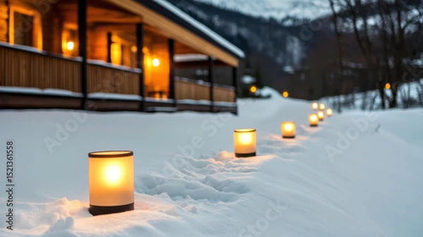 Fototapeta Serene snow covered path illuminated by glowing lanterns leads to cozy mountain lodge