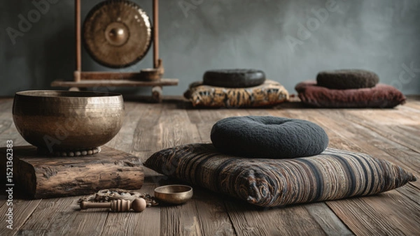 Fototapeta A serene sound bath setup in a minimalist room features singing bowls, gongs, and chimes arranged on a wooden floor. Cushions and yoga mats nearby enhance the calm, meditative atmosphere.