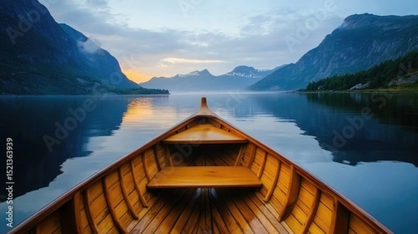 Obraz Rowing a Wooden Boat on a Calm Fjord at Dawn -