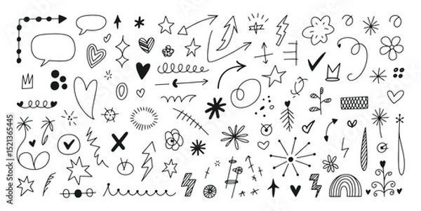 Fototapeta Cute line sketch star, arrow, heart decoration element icon set Illustration vector