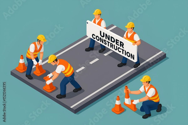 Fototapeta Construction workers setting up safety cones and signage on a city road during maintenance to ensure traffic safety and secure work environment isometric cartoon