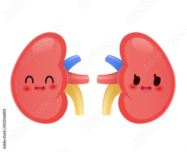 Fototapeta This vibrant cartoon kidney illustration on a white background features a cheerful smile, symbolizing healthy and happy kidneys in an engaging way.