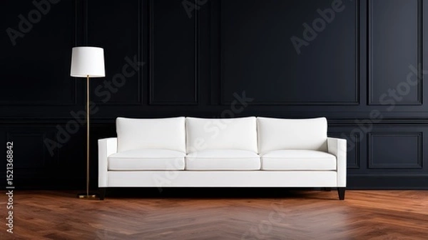 Fototapeta Modern white couch in a stylish dark room with wooden flooring and a sleek lamp beside it