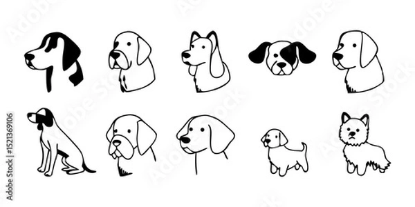 Fototapeta Dog Breeds line icon set. Vector pictograms of labrador, golden retriever, german shepherd, bulldog, beagle, poodle, dachshund, pug, shih tzu, maltese, yorkshire terrier thin linear illustration